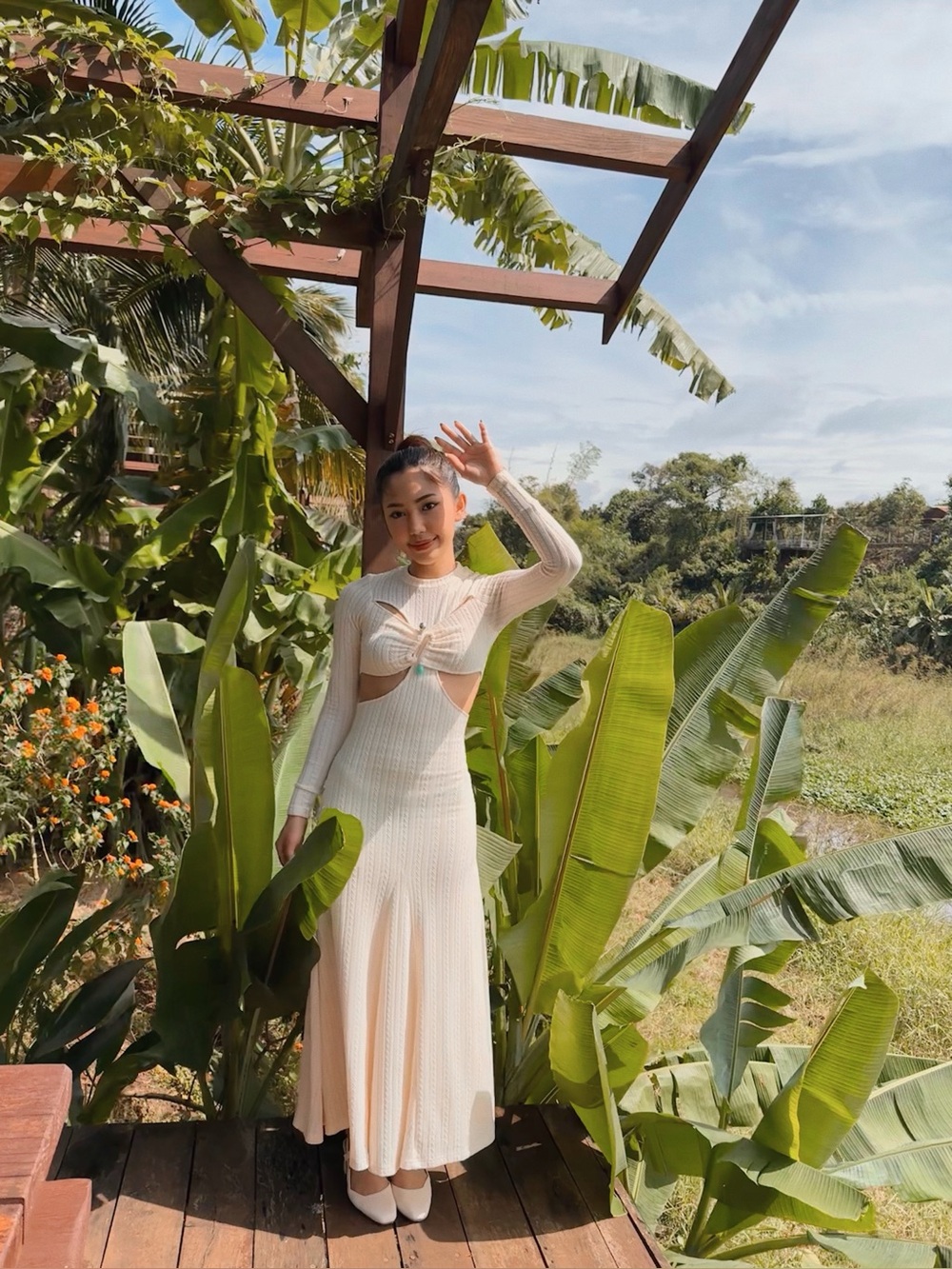 Neutral Cutout Maxi Dress with Long Sleeves